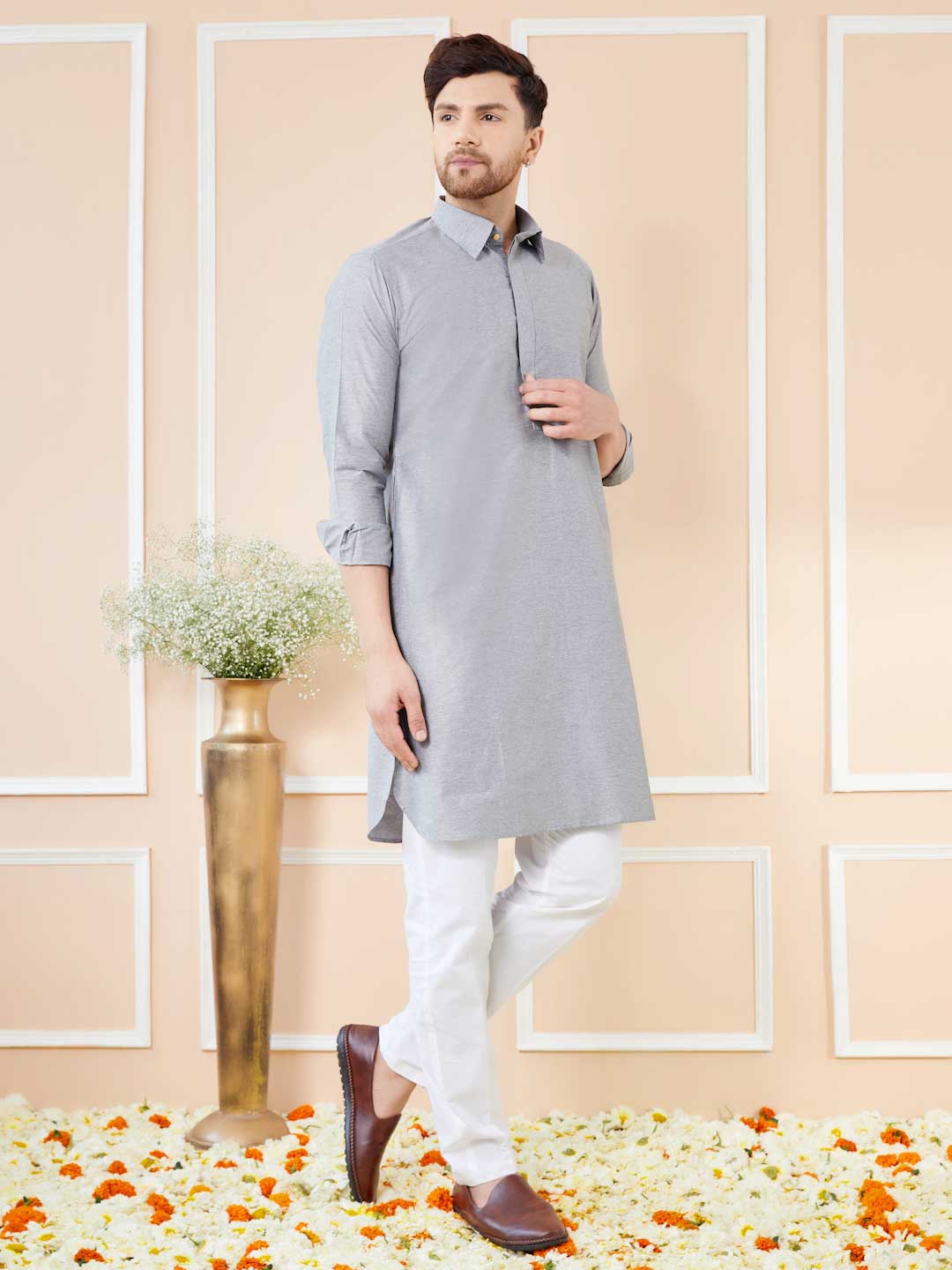 Grey Cotton Solid Pathani Kurta with Pyjama