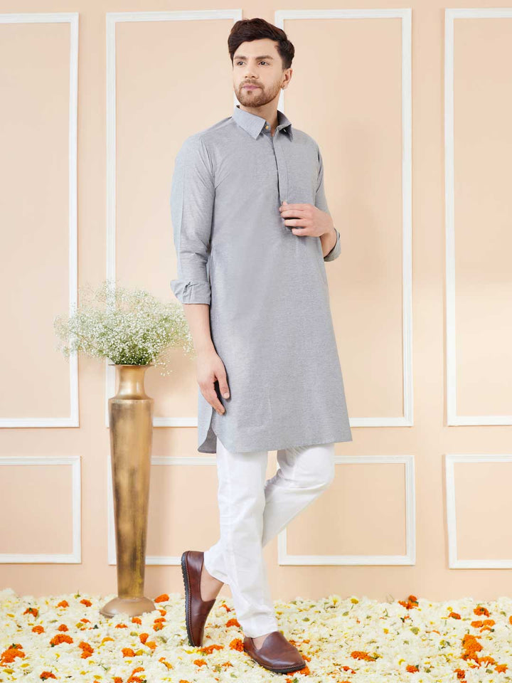 Grey Cotton Solid Pathani Kurta