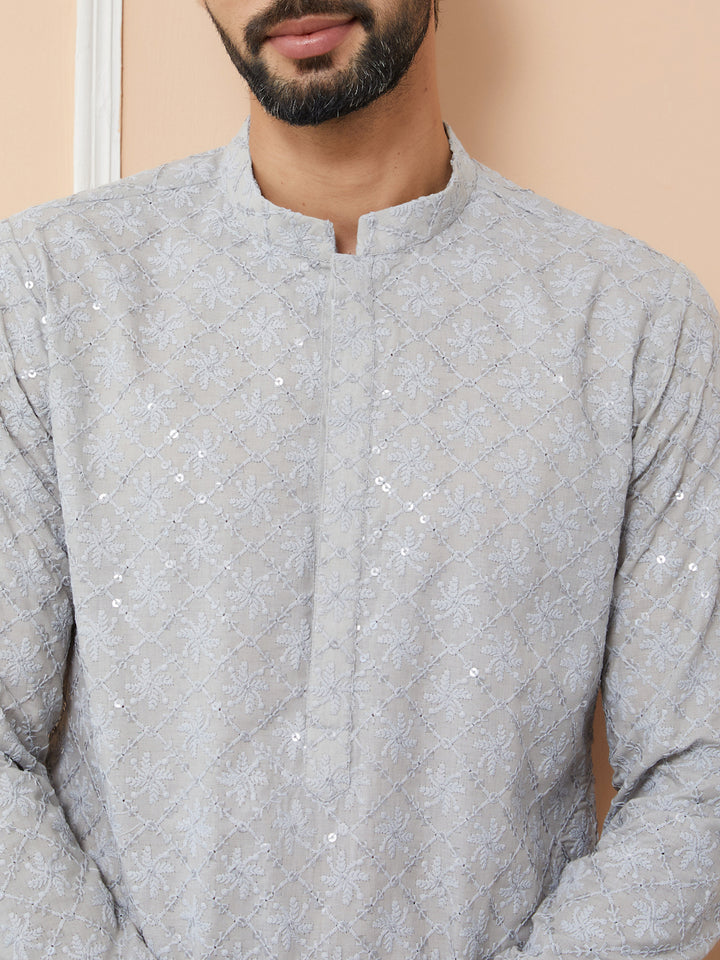 Grey Sequins and Thread Embroidered Cotton Straight Kurta