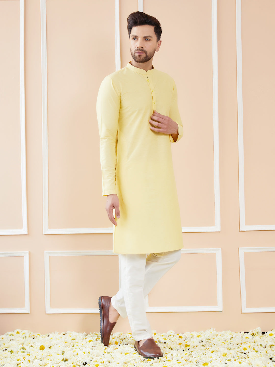 Yellow Cotton Solid Straight Kurta with Pyjama