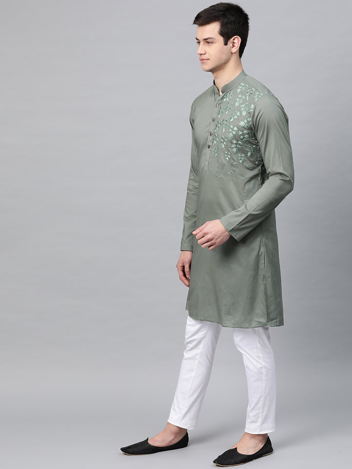 Olive Embroidered Straight kurta with Pyjama