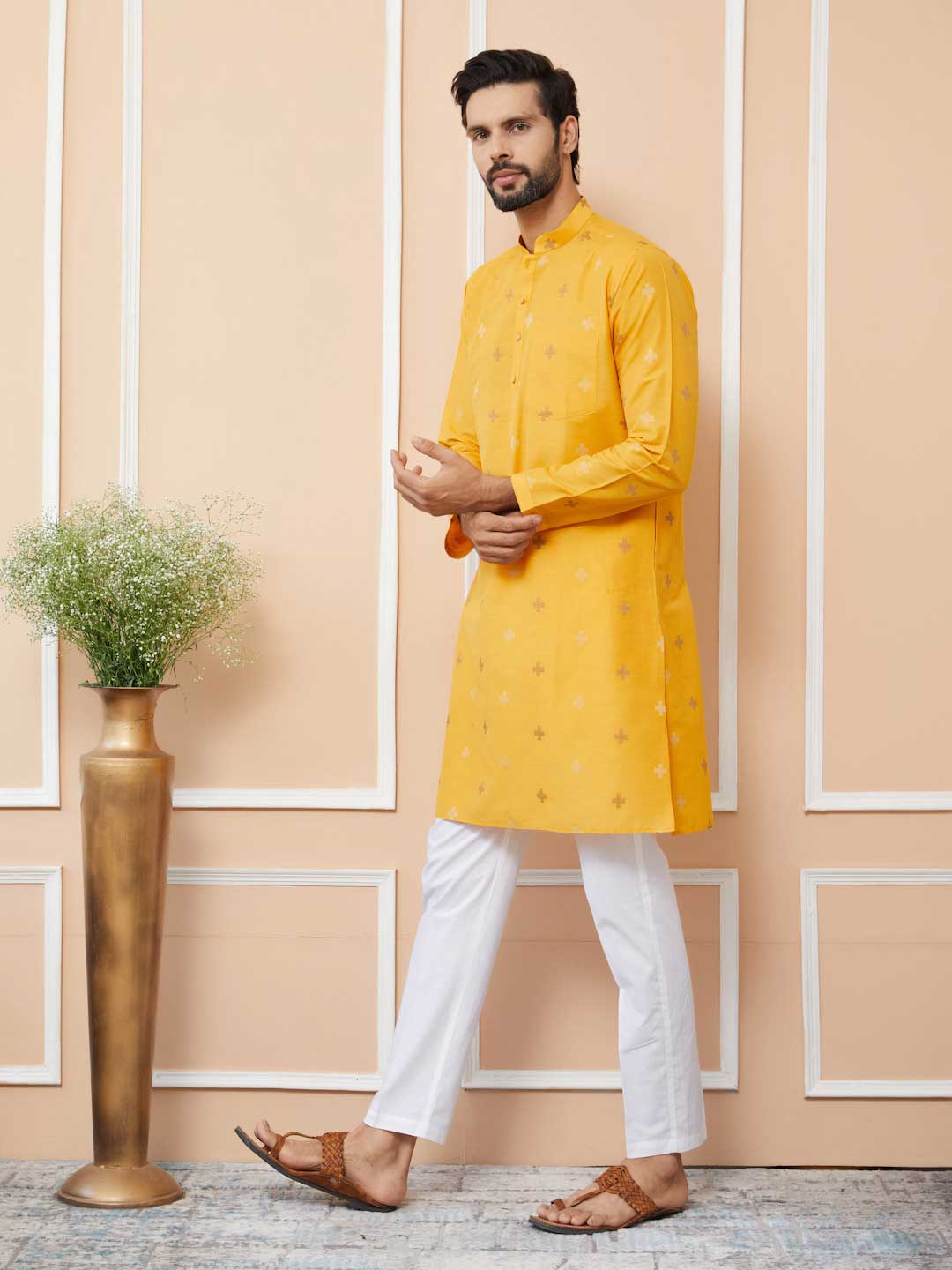 Mustard Cotton Handloom motifs Straight Kurta with Pyjama