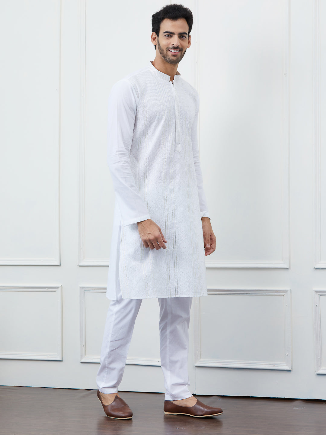 Sequin and Thread Work Pure Cotton Kurta with Pyjama