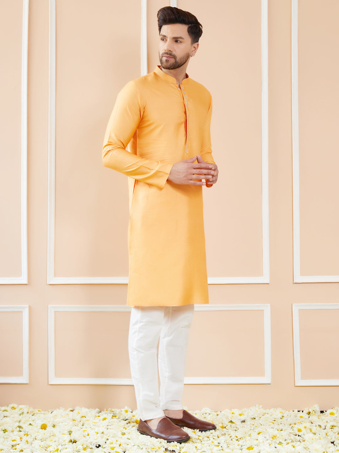 Peach Orange Chanderi Silk Straight Kurta with Embroidered Neckline