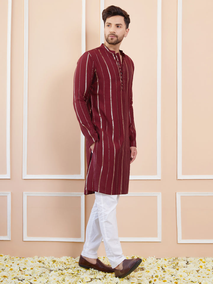 Men Maroon and Gold Sequins Embroidered Chanderi Silk Straight Kurta With Pyjama