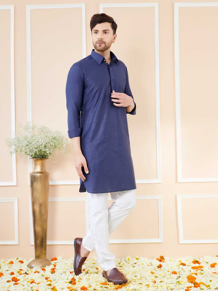 Navy Blue Cotton Solid Pathani Kurta with Pyjama