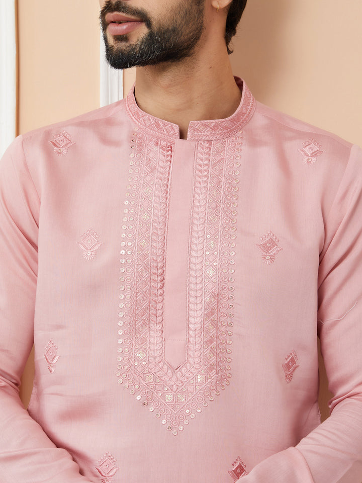 Pale Rose Embroidered Chanderi Silk Straight Kurta