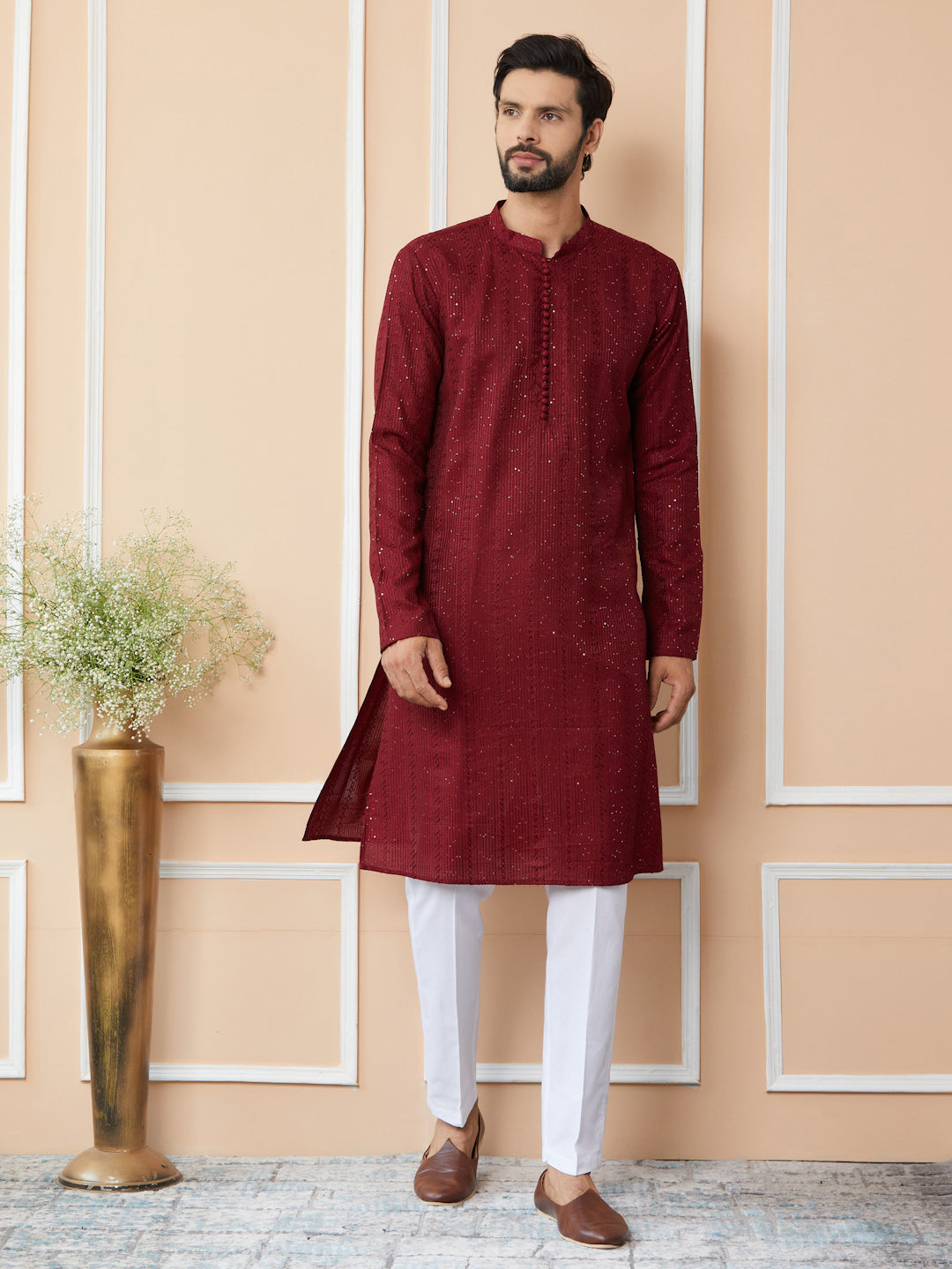 Dark Maroon Embroidered Thread Work Sequinned Chanderi Silk Straight Kurta