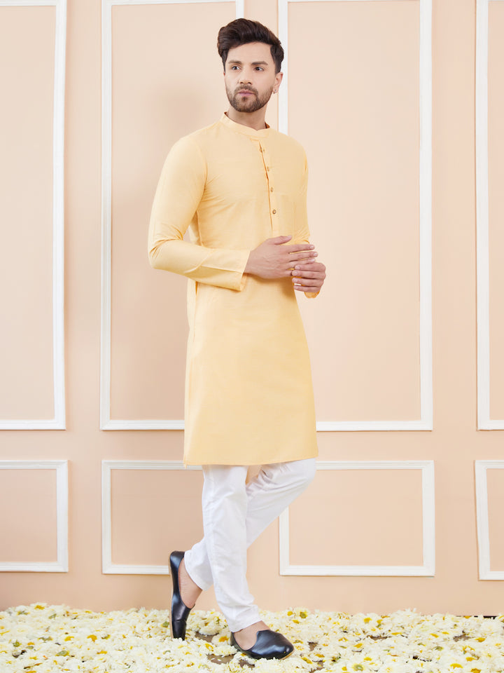 Beige Cotton Solid Straight Kurta with Pyjama