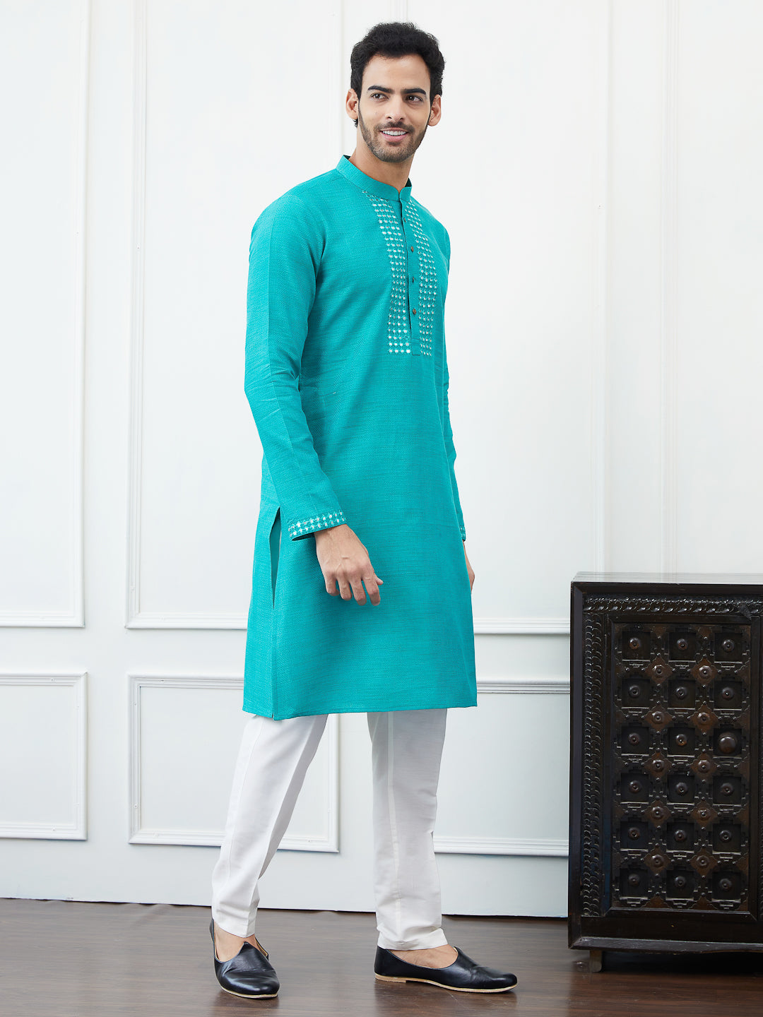 Embroidered Sequin Mirror Worked Pure Cotton Straight Kurta