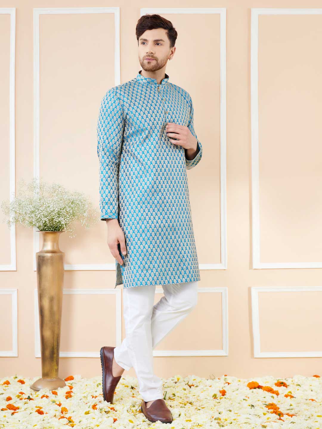 Blue Ethnic Motifs Silk Jacquard Woven Design Straight Kurta