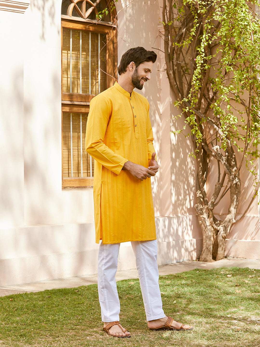 Pintuck Cotton Silk Straight Kurta with Pyjama