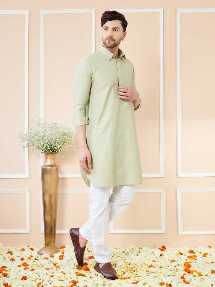 Green Cotton Solid Pathani Kurta