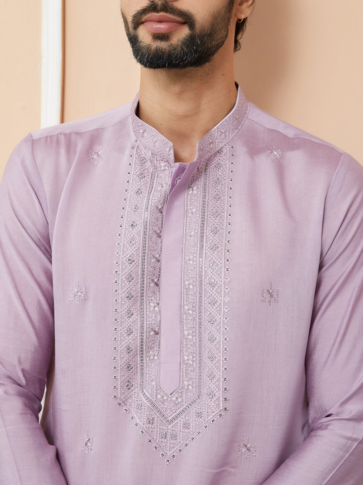 Lavender Embroidered Chanderi Silk Straight Kurta