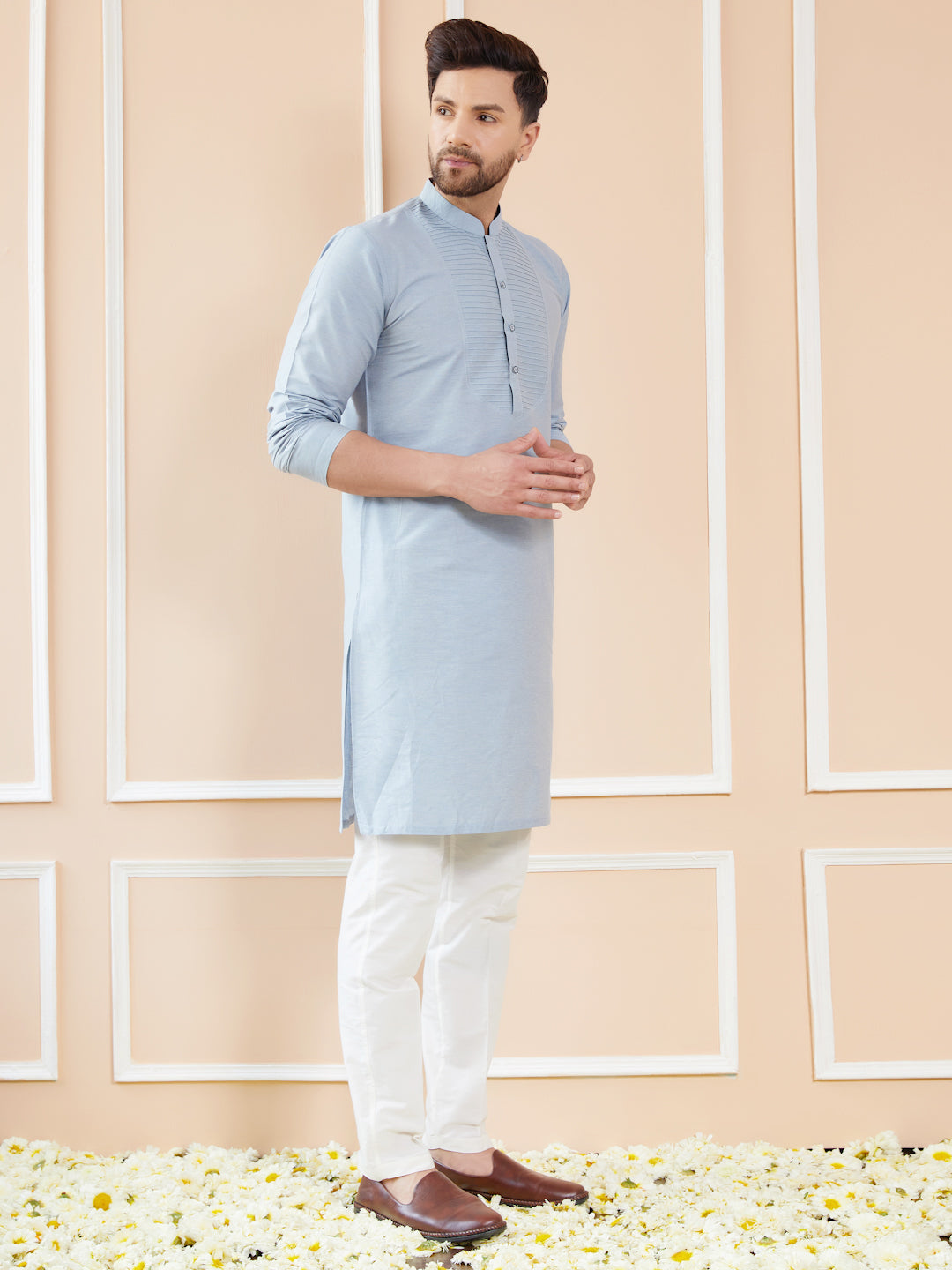 Blue Cotton Solid Straight Kurta with Pintuck Neckline