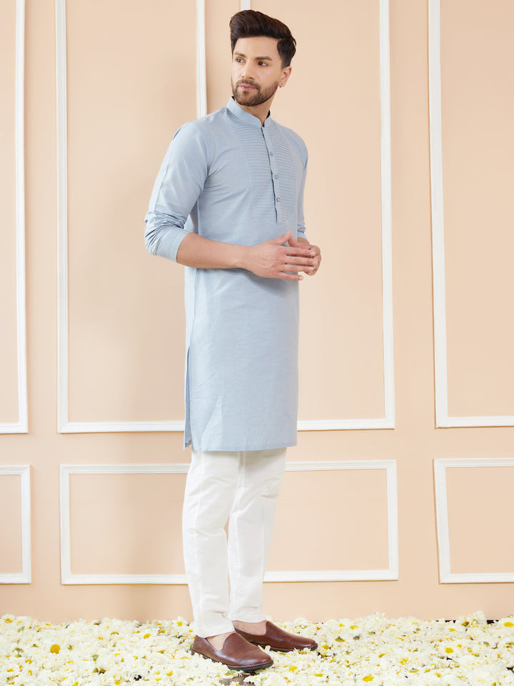 Blue Cotton Solid Straight Kurta with Pintuck Neckline