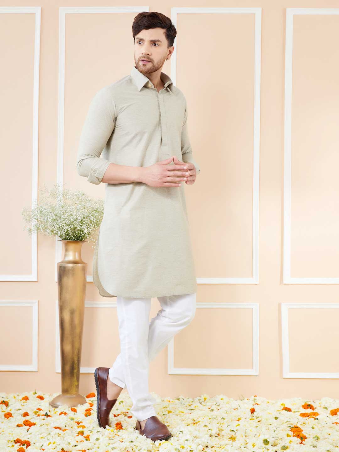 Cream Cotton Solid Pathani Kurta with Pyjama