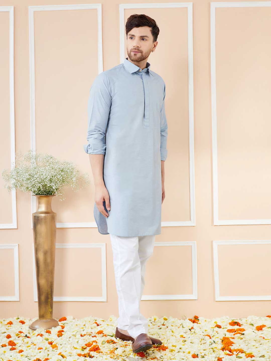 Blue Cotton Solid Pathani Kurta with Pyjama