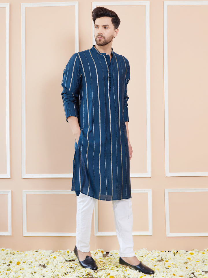 Blue and Gold Sequins Embroidered Chanderi Silk Straight Kurta With Pyjama