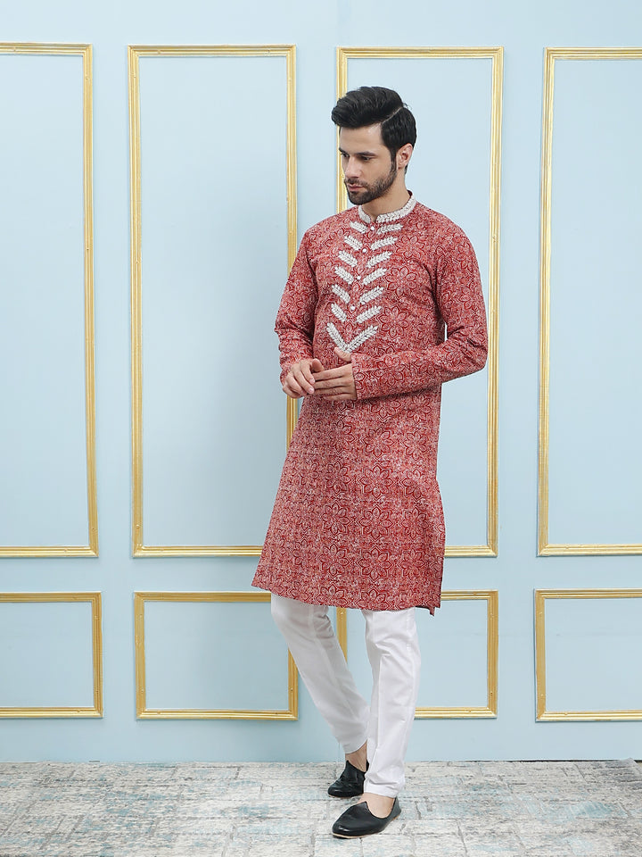 Printed Pure Cotton Straight Kurta with Embroidered Neck Design and Pyjama