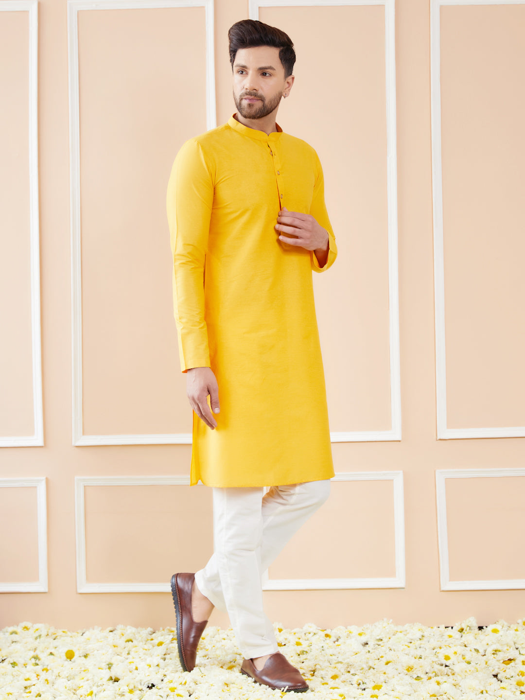 Yellow Cotton Solid Straight Kurta with Pyjama