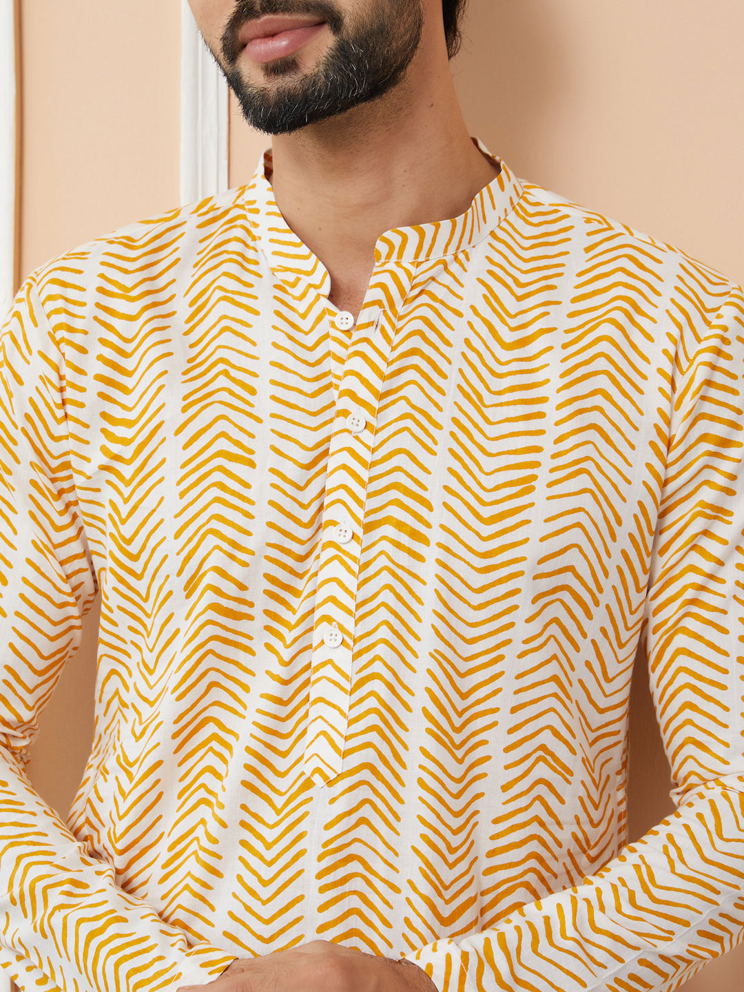 White-Yellow Printed Pure Cotton Straight Kurta