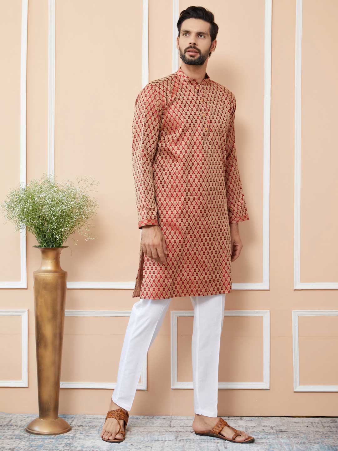 Beige-Maroon Ethnic Motifs Silk Jacquard Woven Design Straight Kurta