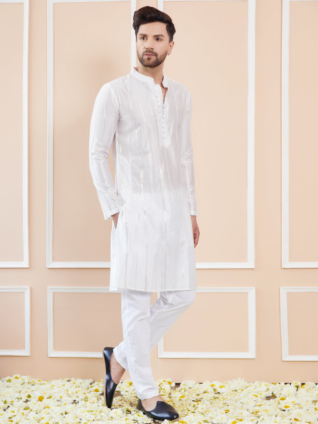 Off White Sequins Embroidered Chanderi Silk Straight Kurta with Pyjama