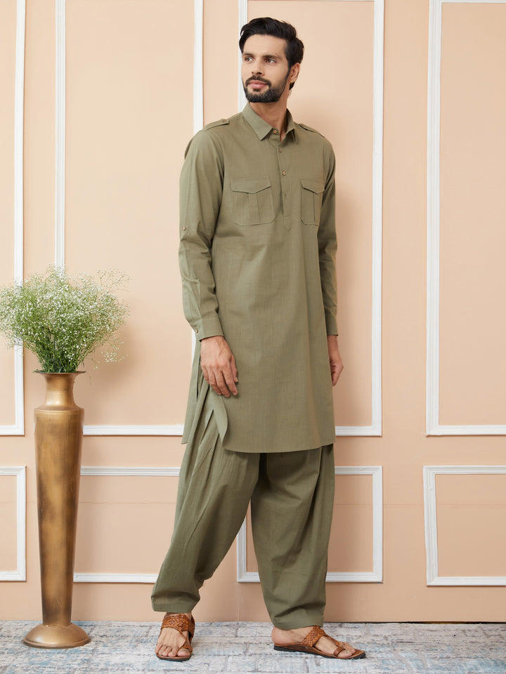 Olive Cotton Slub Pathani kurta with Salwar