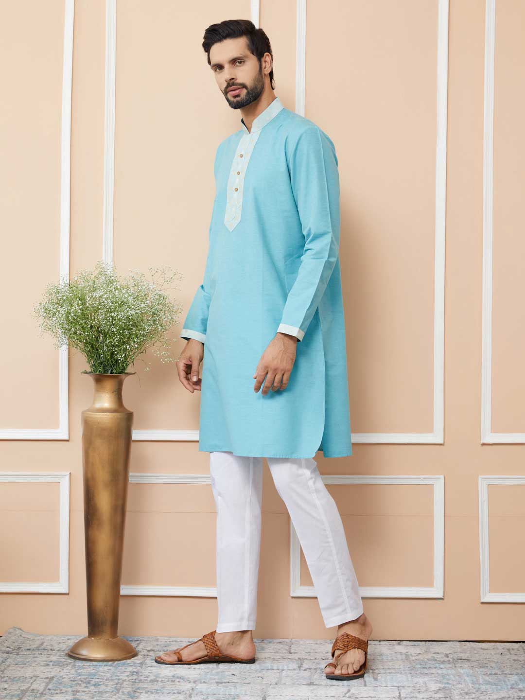 Blue Solid Cotton Straight Kurta with Jacquard neckline