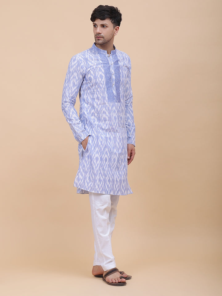 Printed Ikat Pure Cotton Straight Kurta with Embroidered Neck Design and Pyjama