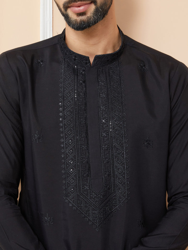 Black Embroidered Chanderi Silk Straight Kurta