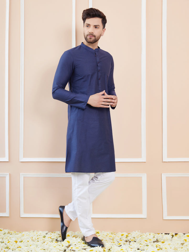 Blue Cotton Solid Straight Kurta with Pyjama