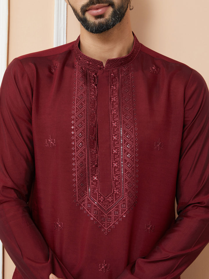 Maroon Embroidered Chanderi Silk Straight Kurta