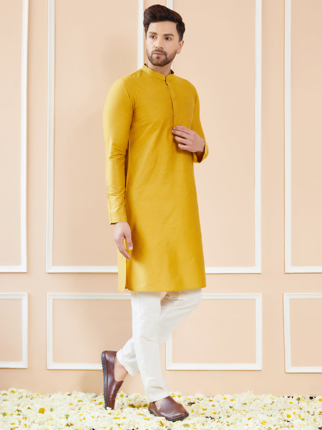 Yellow Cotton Solid Straight Kurta with Pyjama