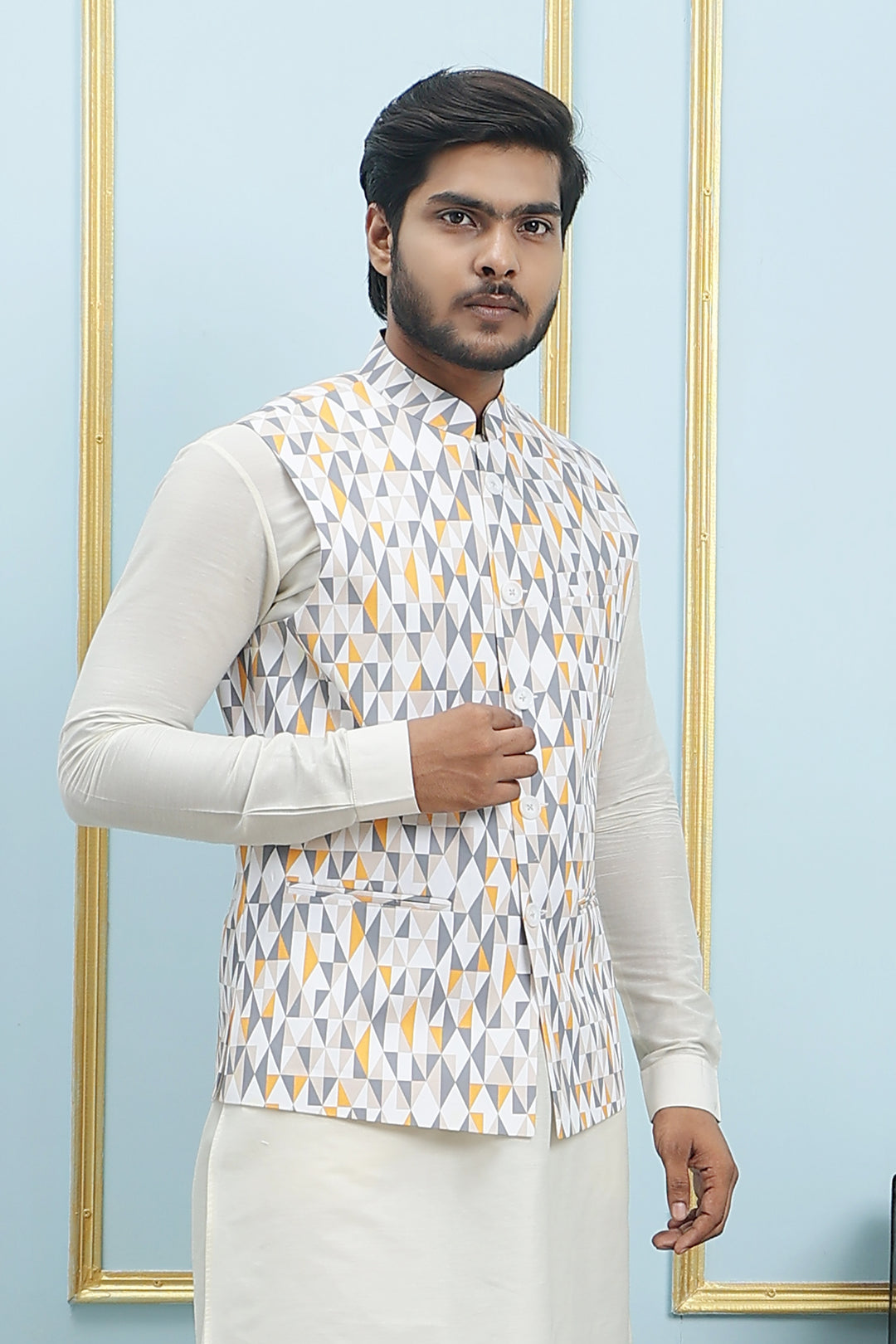 Pure Silk Straight Kurta & Pyjama Set with Printed Cotton Nehru Jacket