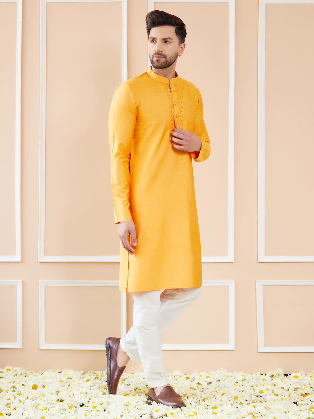 Mustard Raw Silk Straight Kurta with Pintuck Neckline and Pyjama