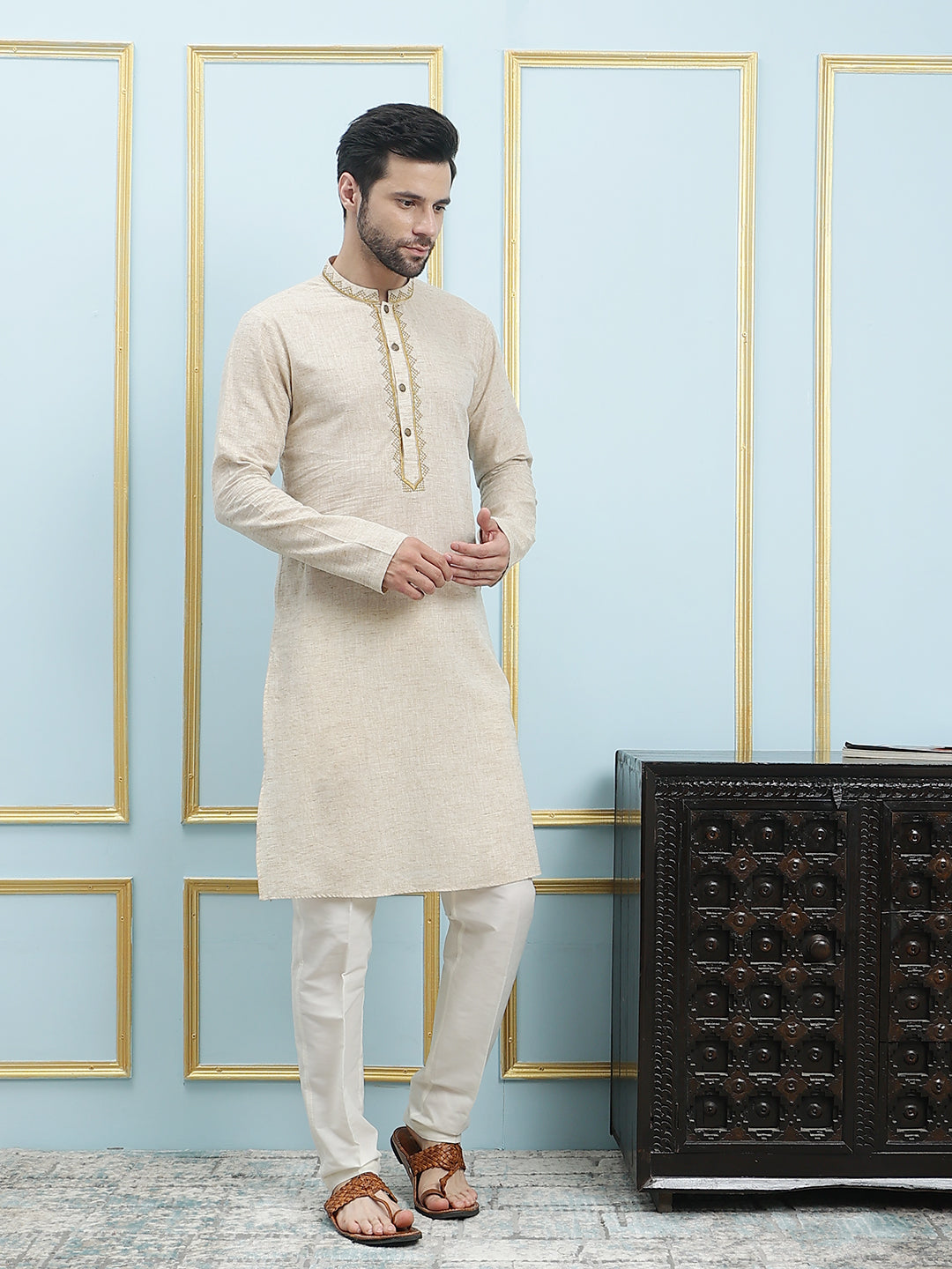 Solid Pure Cotton Straight Kurta with Embroidered Neck Design and Pyjama