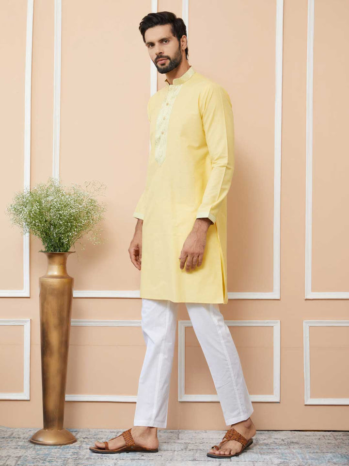 Yellow Solid Cotton Straight Kurta with Jacquard neckline