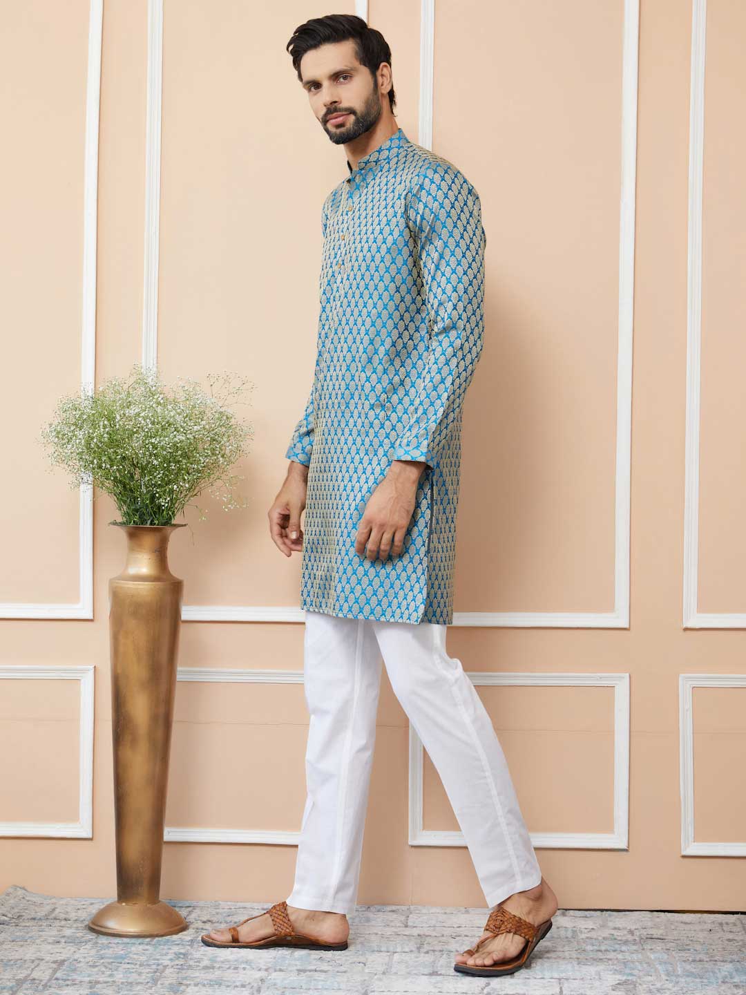 Blue-Beige Ethnic Motifs Silk Jacquard Woven Design Straight Kurta