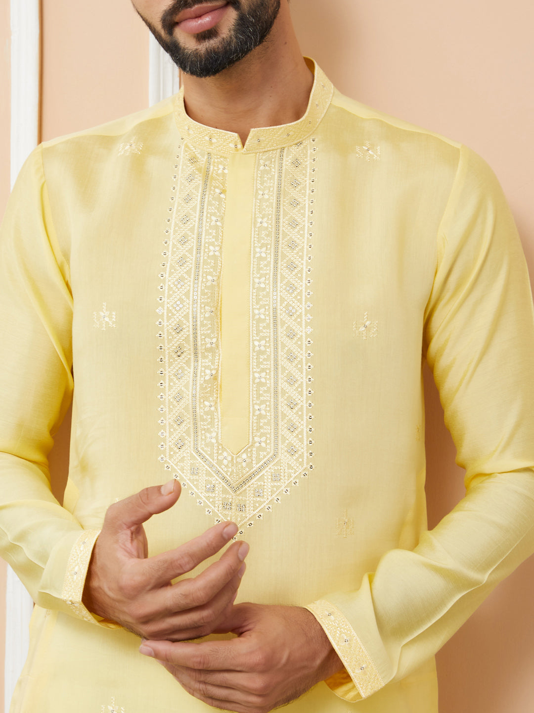 Yellow Embroidered Chanderi Silk Straight Kurta with Pyjama