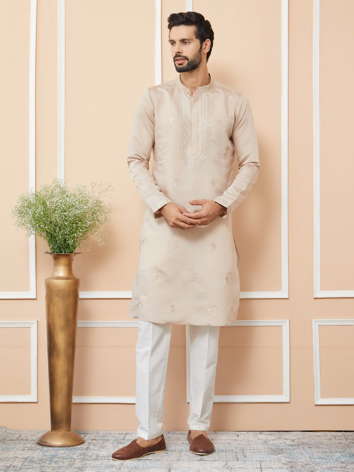 Beige Embroidered Chanderi Silk Straight Kurta with Pyjama