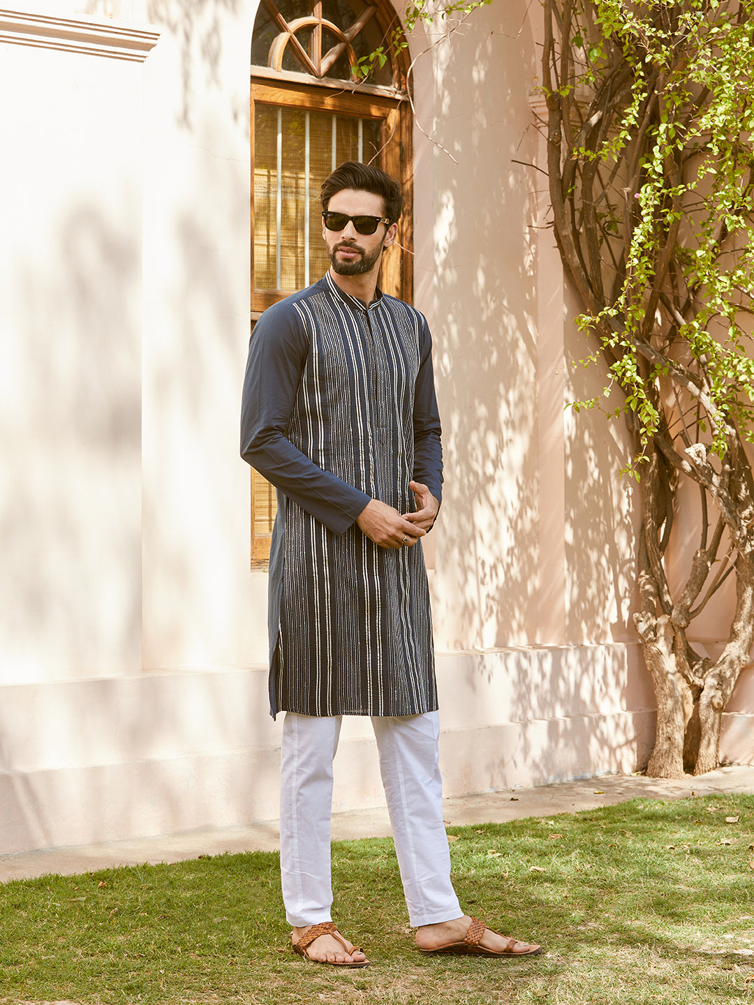 Gota Strips and Sequins Embroidered Pure Cotton Straight Kurta with Pyjama