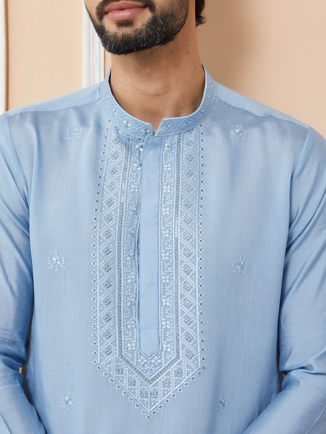 Light Blue Embroidered Chanderi Silk Straight Kurta with Pyjama