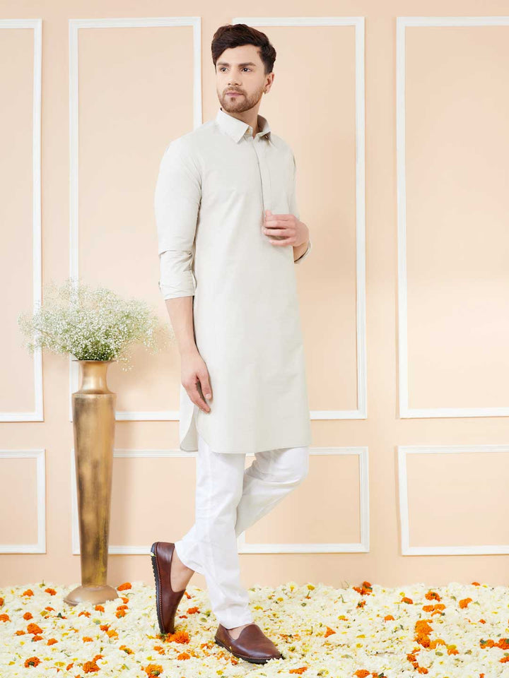 Off White Cotton Solid Pathani Kurta with Pyjama