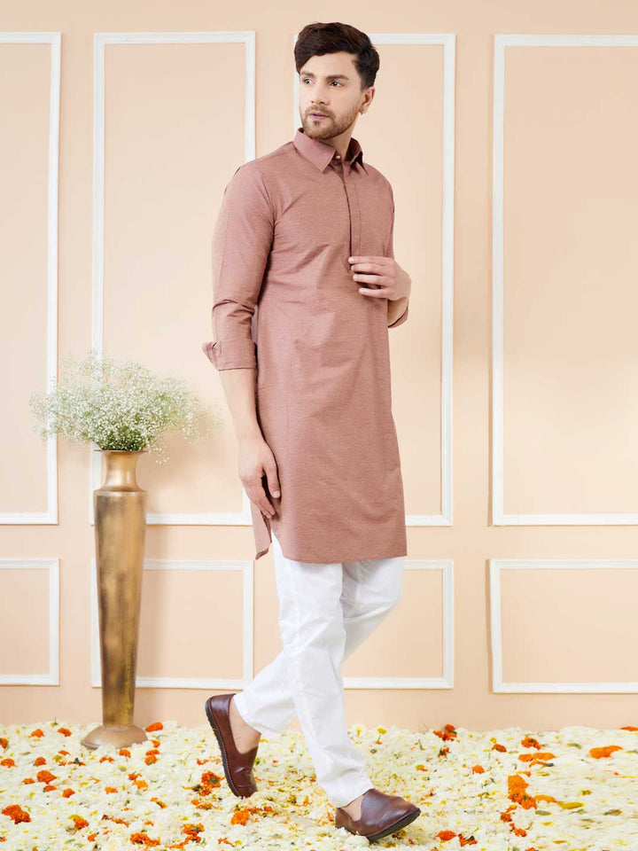 Brown Cotton Solid Pathani Kurta with Pyjama