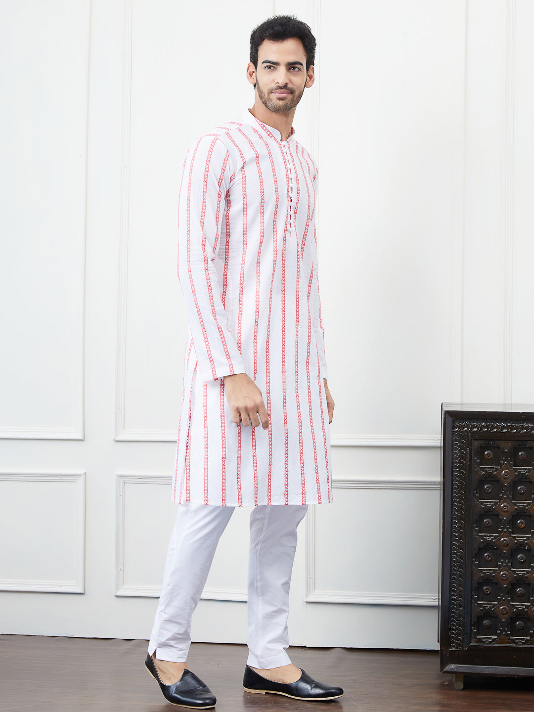 White and Pink Embroidered Cotton Straight Kurta with Pyjama