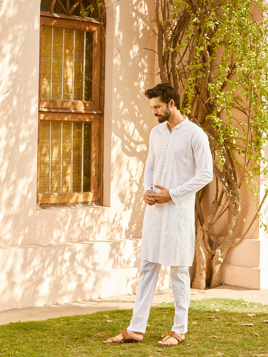 Pintuck with Thread work Pure Cotton Straight Kurta with Pyjama