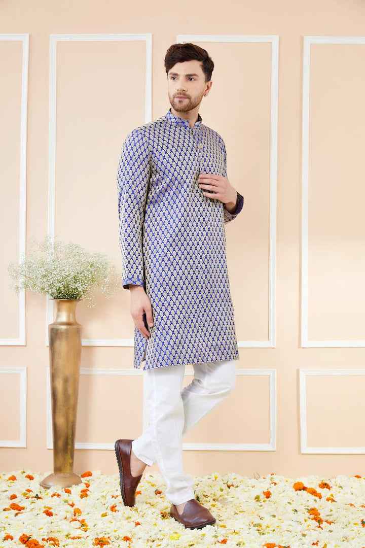 Blue Ethnic Motifs Silk Jacquard Woven Design Straight Kurta with Pyjama