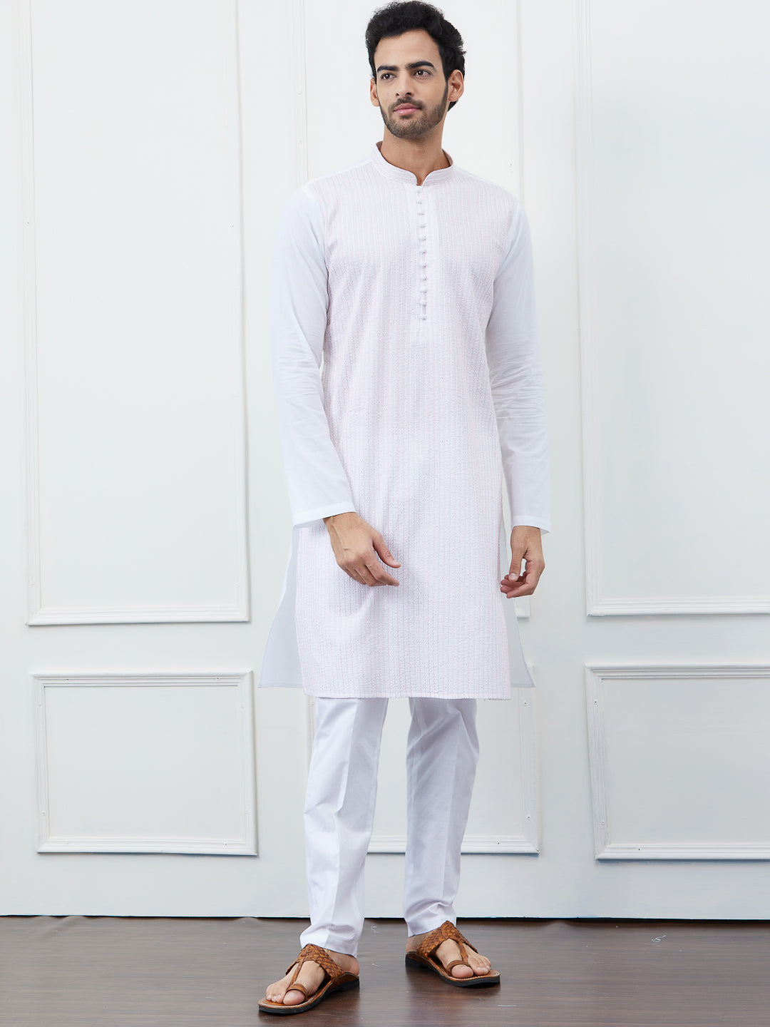 Sequin and Thread Work Pure Cotton Kurta with Pyjama